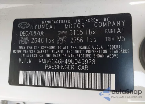 2009 Hyundai Genesis 4.6 z USA, uszkodzony, nr VIN KMHGC46F49U045923